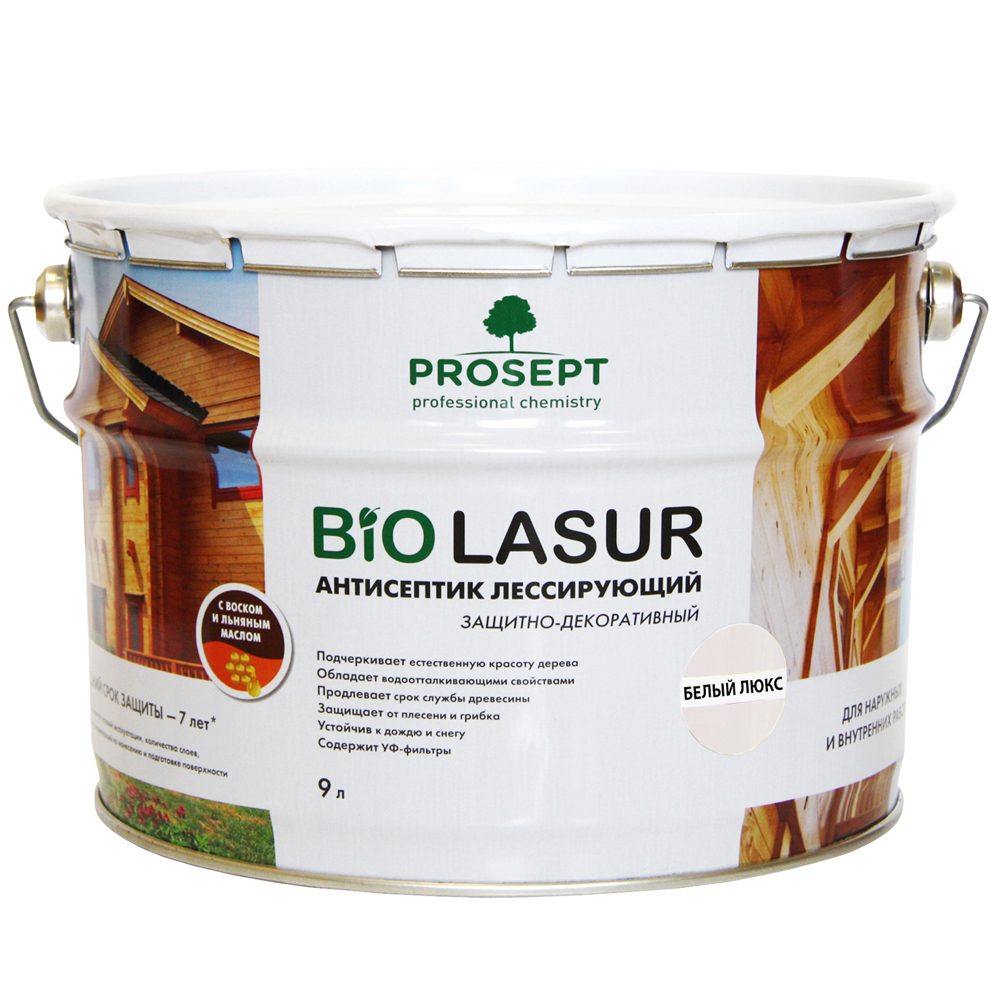 Лессирующие антисептики PROSEPT BiO LASUR 9 л Белый Люкс